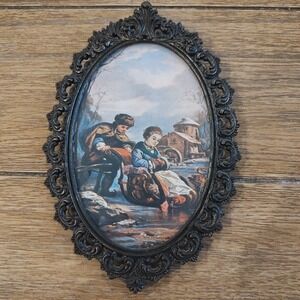 Vintage Action Brass Antique Photo Italy Metal Scroll Cottage Core Boy Girl Snow